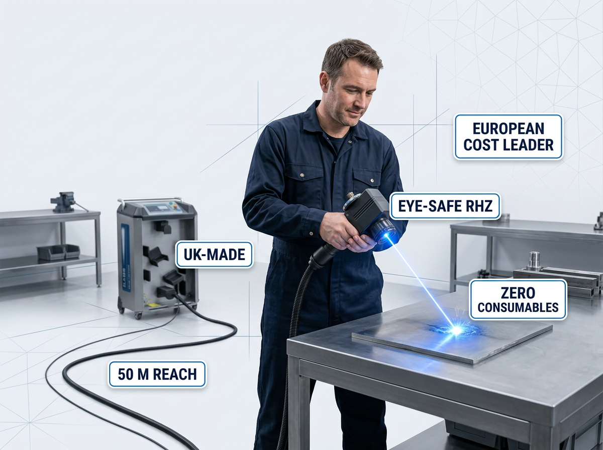 Industrial workshop scene: operator in navy coveralls using ELASER-RHZ handheld laser scanner on steel surface with electric blue laser contact point; compact wheeled machine unit visible in background with extended fiber cable; five white badge labels positioned around scene identifying key features.