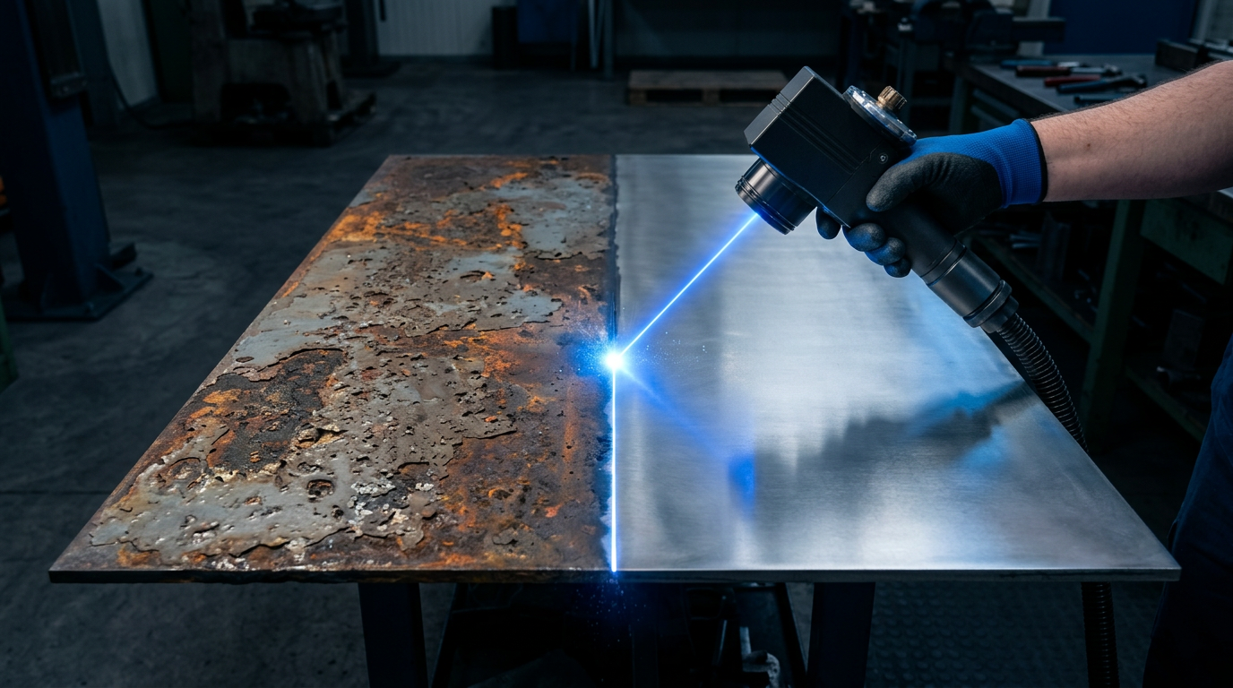 Steel plate split vertically: left half heavily rusted and corroded in orange-brown tones, right half polished bare metal. ELASER laser scanner positioned at the sharp boundary line, emitting electric blue beam at the transition point.