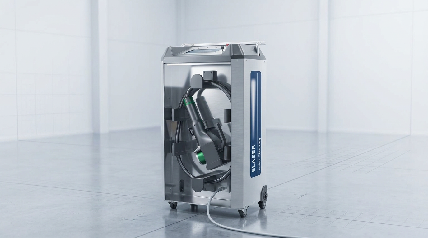 ELASER laser cleaning machine standing alone on polished concrete floor in bright industrial facility, with single power cable only, no auxiliary equipment visible.