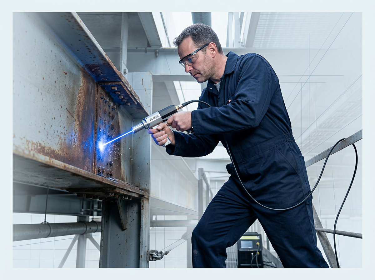 Technician in navy coveralls at height on elevated structural steel, holding ELASER laser scanner directed at steel surface with electric blue laser beam visible at contact point, fibre-optic cable extending downward.