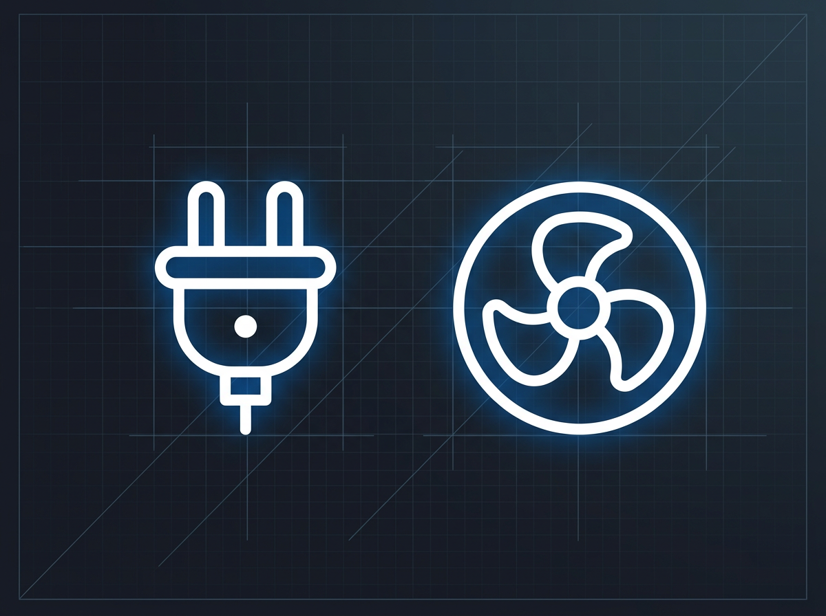 Power plug and cooling fan icons centered side by side on dark navy background with electric blue accent glow, representing electrical supply and air-cooling infrastructure requirements.