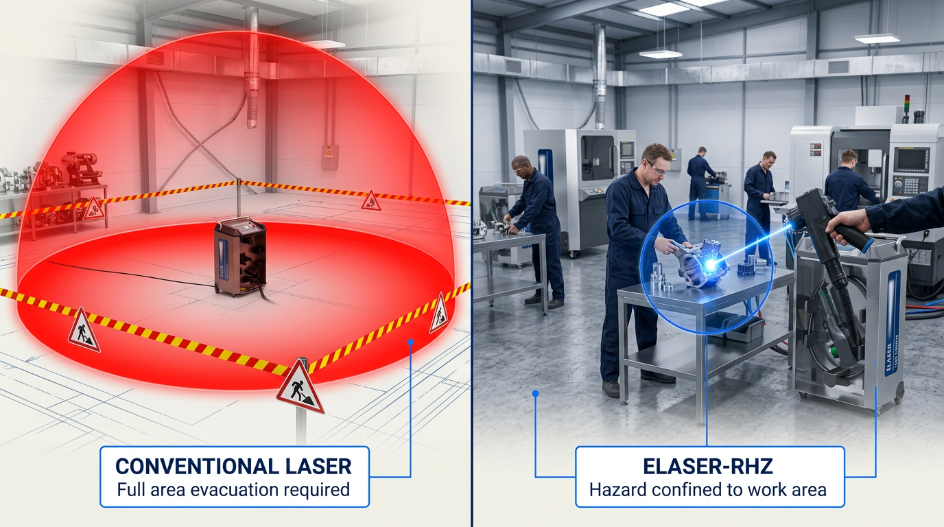 Split-panel industrial workshop comparison: left side shows conventional laser cleaning unit with large red exclusion zone forcing worker evacuation; right side shows ELASER-RHZ with tightly confined blue hazard zone, workers actively operating machinery nearby.