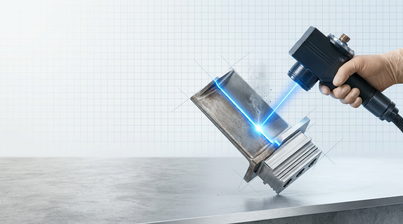 Aerospace turbine blade being cleaned by laser scanner, showing stark contrast between oxidized surface and bright bare metal at the laser contact point, technician's gloved hand guiding the scanner head in a bright workshop.