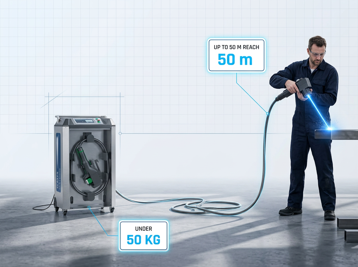 ELASER wheeled laser cleaning unit on industrial floor with fibre-optic cable extended 50 meters to handheld scanner held at elevation by technician, electric blue laser glow visible at scanner head.