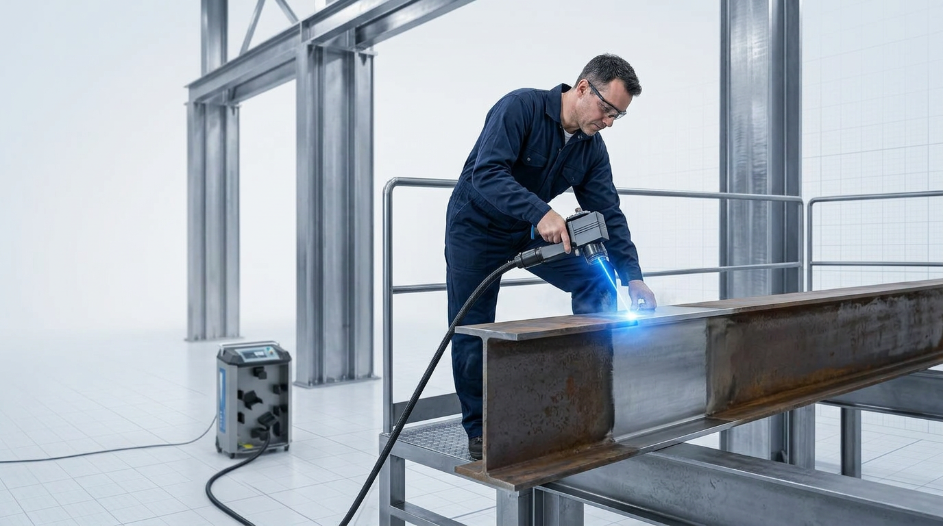 Technician in navy coveralls at height using ELASER handheld laser scanner on structural I-beam, fiber cable extending downward to wheeled ELASER unit below, laser contact point glowing electric blue on metal surface.