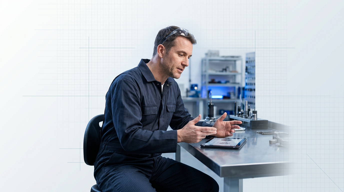 Engineer in dark navy coveralls seated at stainless steel workbench, leaning forward with focused expression while gesturing toward tablet displaying technical data in bright industrial workspace.