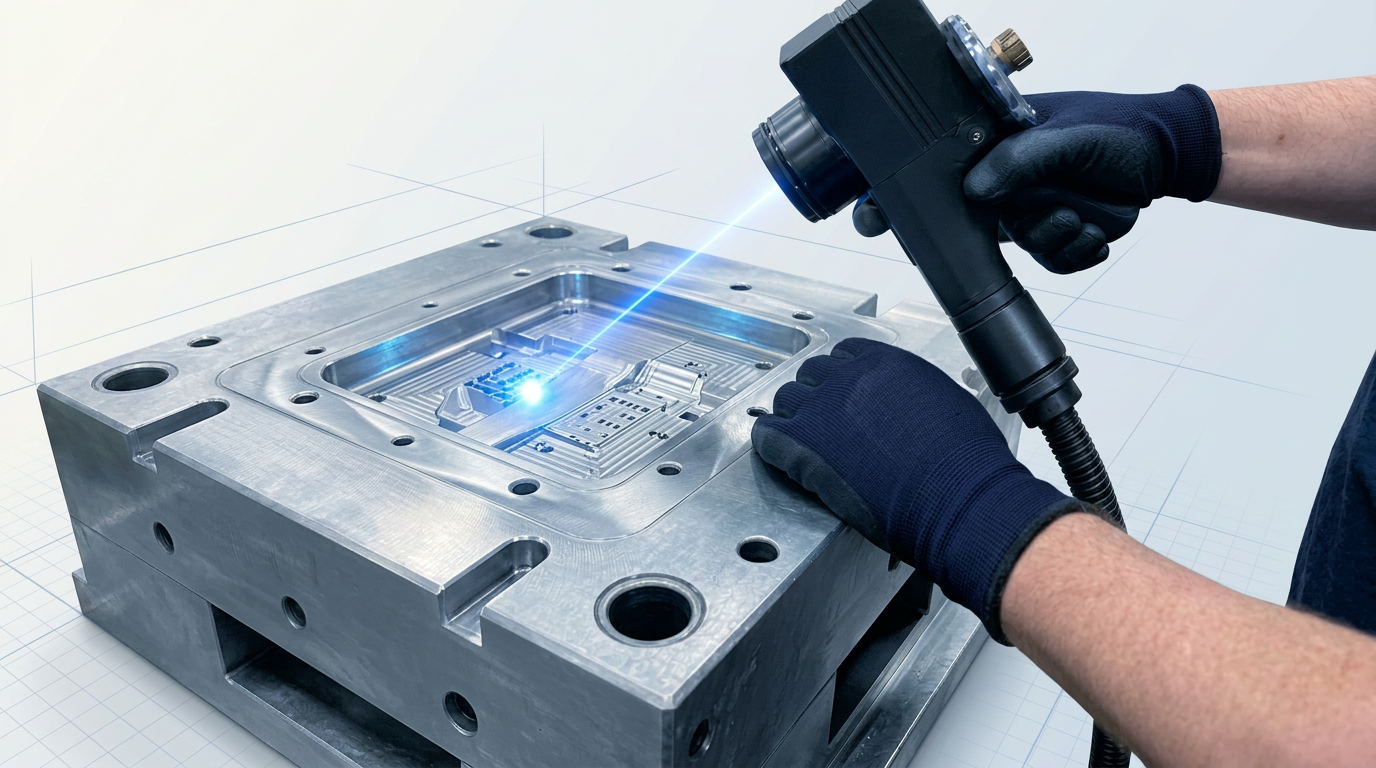 Close-up of precision injection mould with intricate surface cavities being cleaned by laser scanner head, electric blue laser beam visible at contact point, technician's gloved hands holding scanner steady.