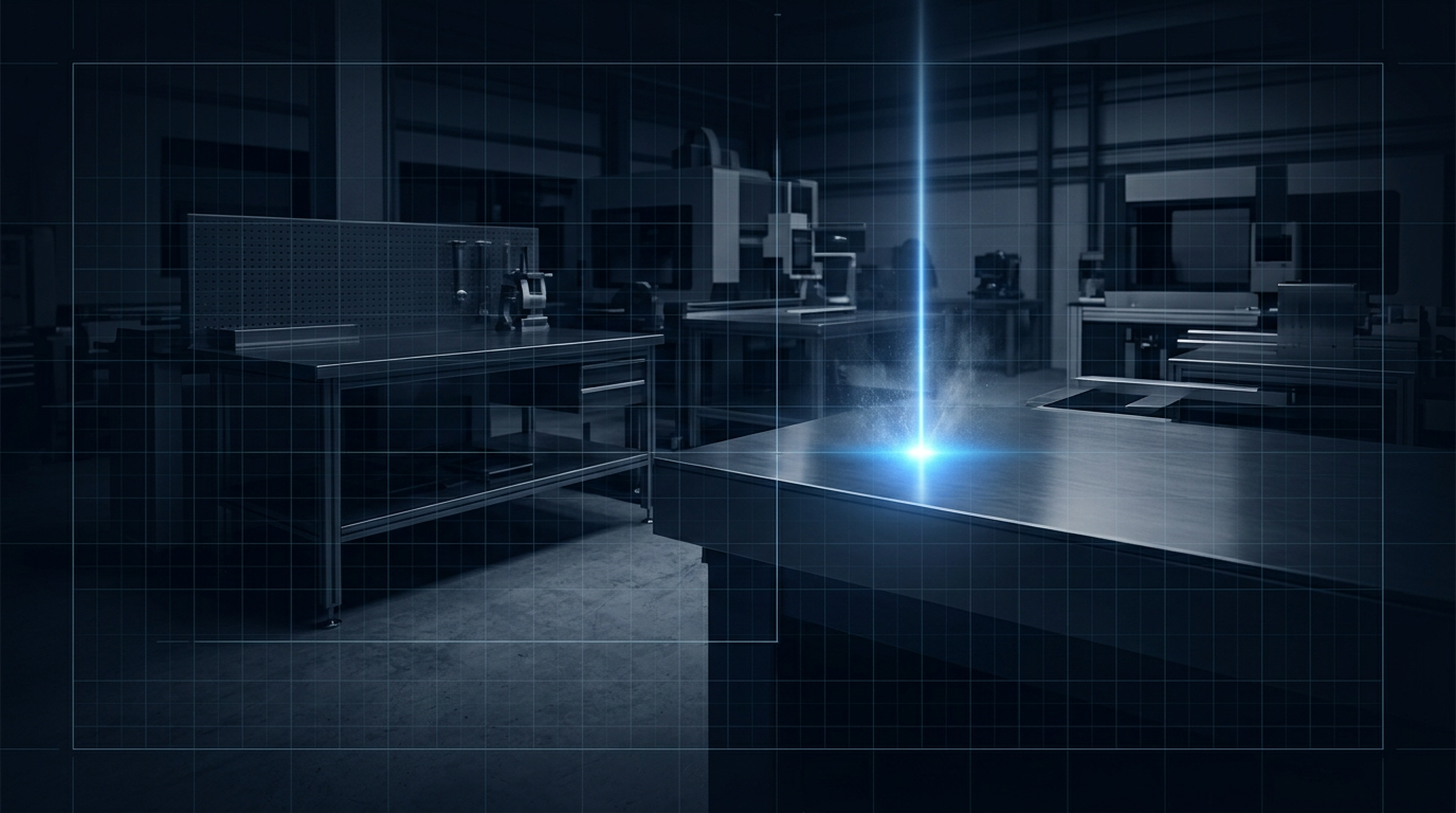 Dark industrial workspace with polished metal surfaces and soft electric blue laser beam glowing at contact point with metal surface, centered composition with geometric grid overlay.