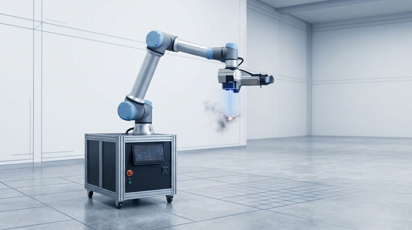 AutoLASE robotic laser cleaning system operating in an open, unenclosed production facility with extended arm and active electric blue laser beam, surrounded by empty floor space.