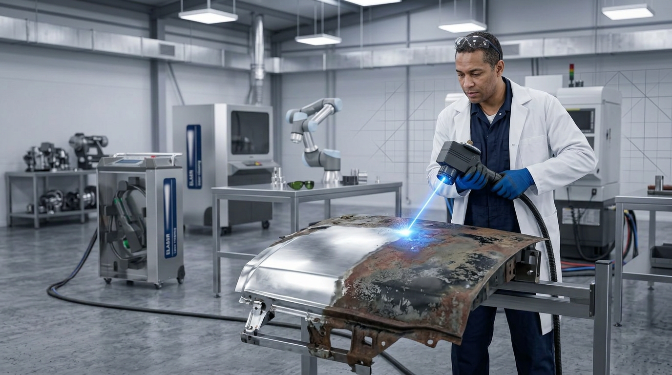 Automotive technician in navy coveralls operating ELASER laser scanner on vehicle body panel, showing both cleaned bare metal and untreated rust/paint areas, with ELASER machine visible in background.