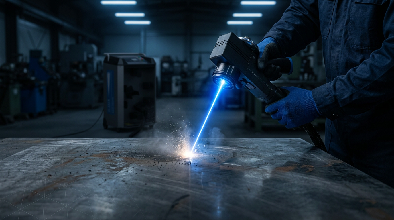 Dark industrial workshop with handheld laser scanner in action on brushed steel surface, electric blue laser beam visible at contact point, operator in background with wheeled ELASER unit softly visible.