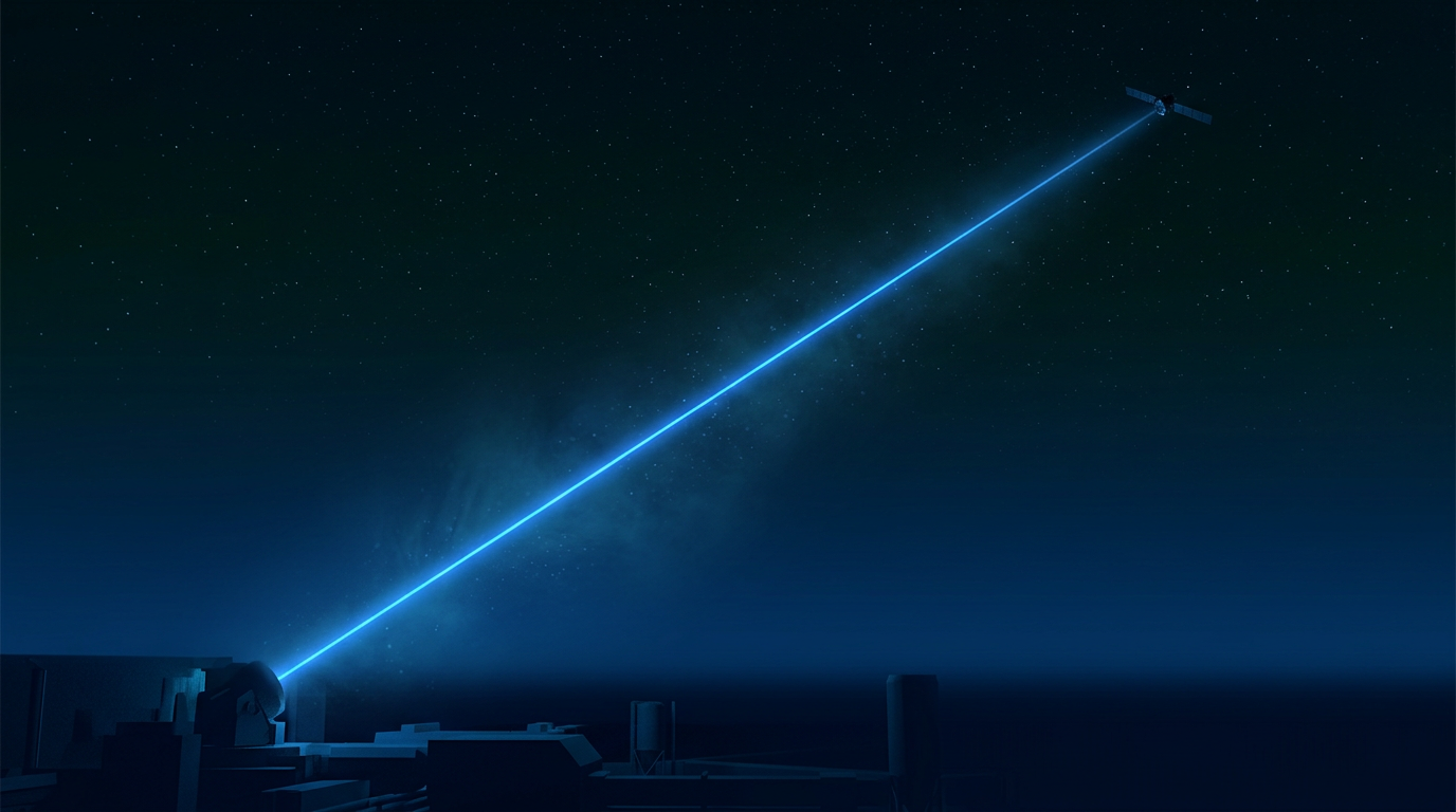 Deep space atmosphere with electric blue laser beam rising diagonally from ground facility toward distant orbiting satellite against starfield, dark navy and steel tones dominating the lower frame.