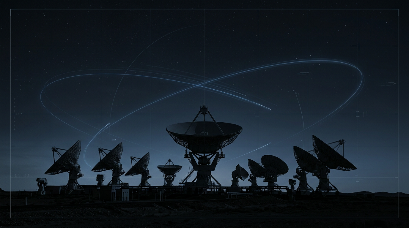 Dark night sky with silhouetted ground station antenna array and faint electric blue orbital arcs representing LEO satellite trajectories overhead.