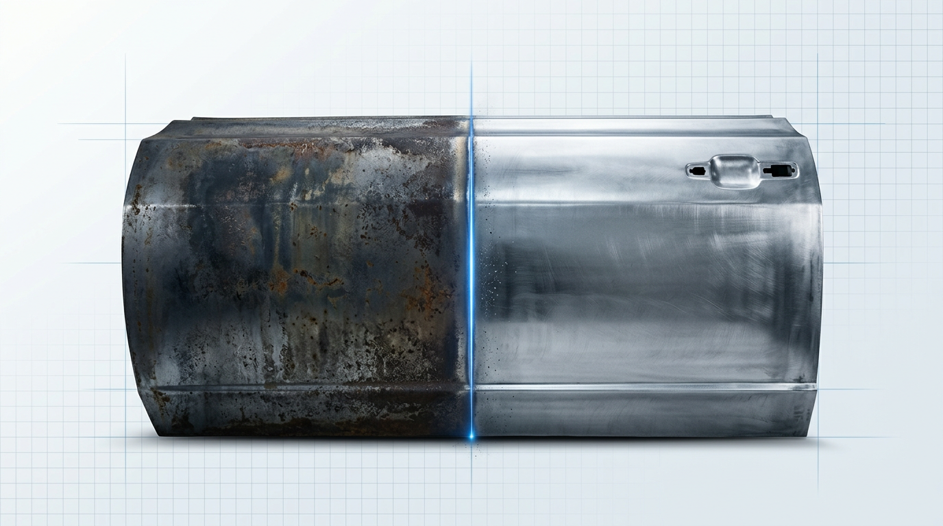 Steel automotive panel split between oxidized contaminated surface on left and clean laser-prepped bare metal on right, with electric blue glow at the laser cleaning boundary.
