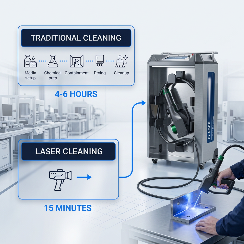 Factory floor with ELASER laser cleaning machine on right, technician using scanner on metal part with blue laser visible. Left side shows two process flows: traditional cleaning with 5 steps taking 4-6 hours versus single-step laser cleaning in 15 minutes.