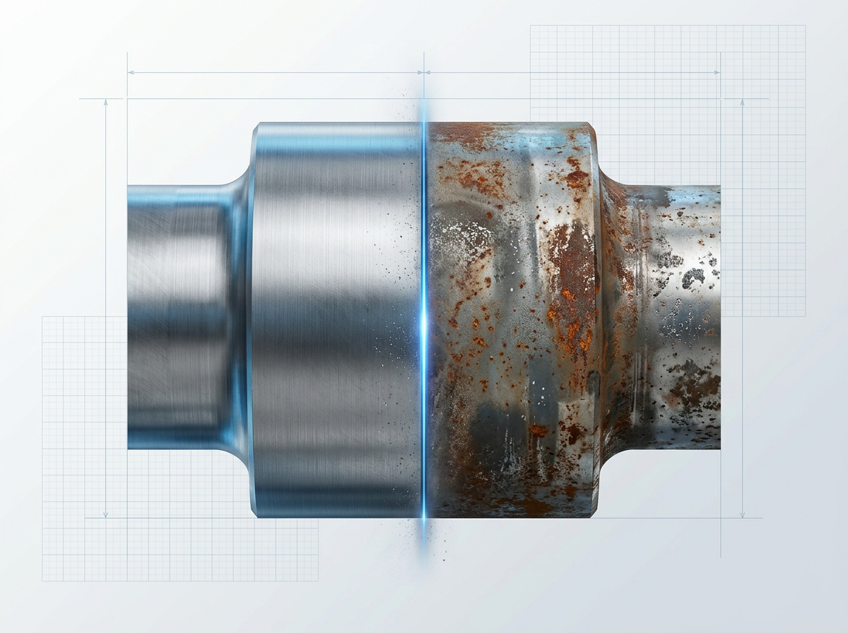 Split-frame industrial metal surface showing laser-cleaned bare steel on left side contrasted with rust and contamination on right side, divided by electric blue laser line at contact point.