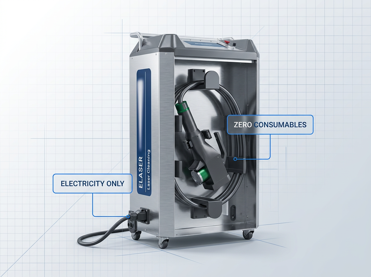 ELASER wheeled laser cleaning machine centered on light background with two labeled callouts: power cable connection marked 'Electricity Only' and empty interior marked 'Zero Consumables'