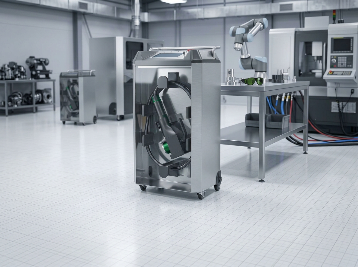 ELASER laser cleaning machine on dry industrial floor with polished concrete, no water, puddles, or drainage infrastructure visible.