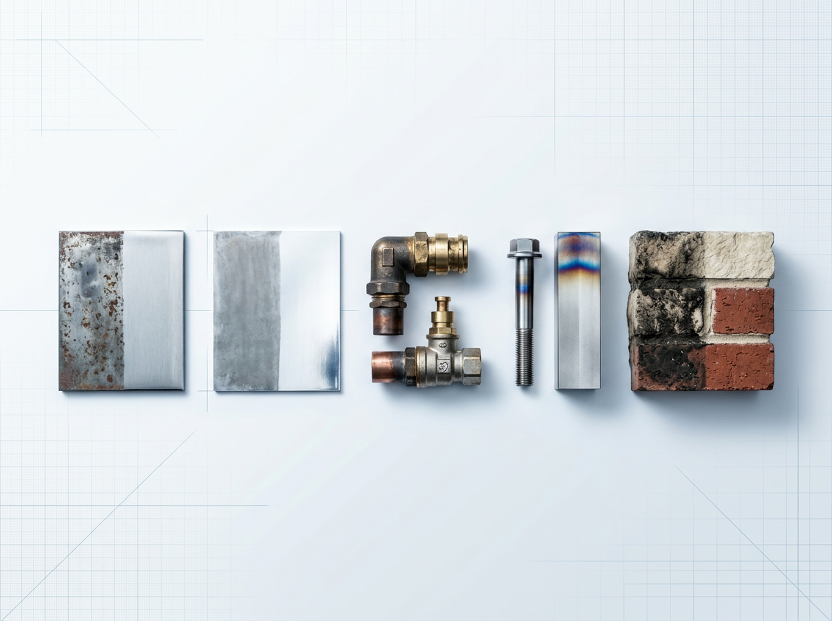Five industrial material samples arranged in a row: steel plate, aluminium sheet, brass and copper fittings, titanium component, and stone masonry, each showing contaminated and cleaned surfaces side by side.