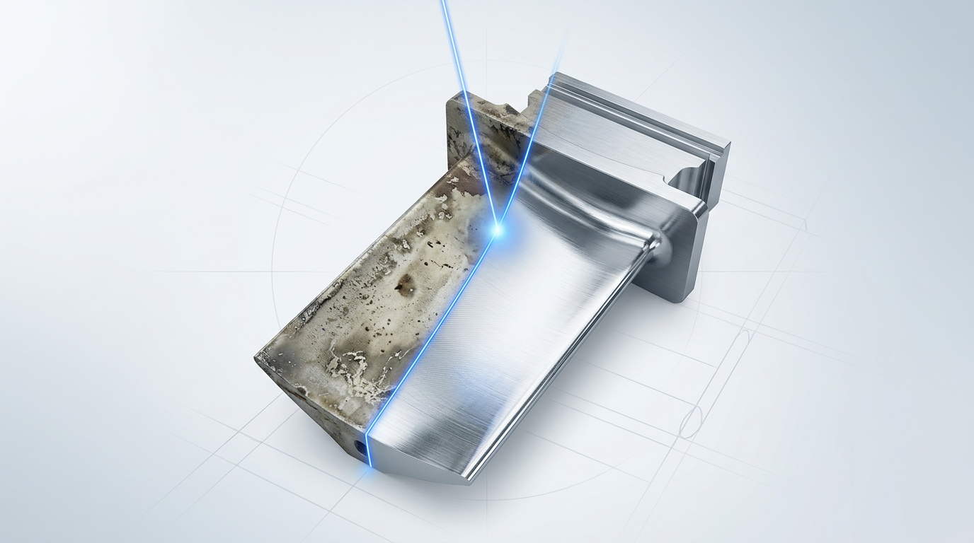 Precision-machined aerospace turbine blade with split surface treatment: contaminated dull side and cleaned reflective metal side divided by electric blue laser line showing active cleaning action.