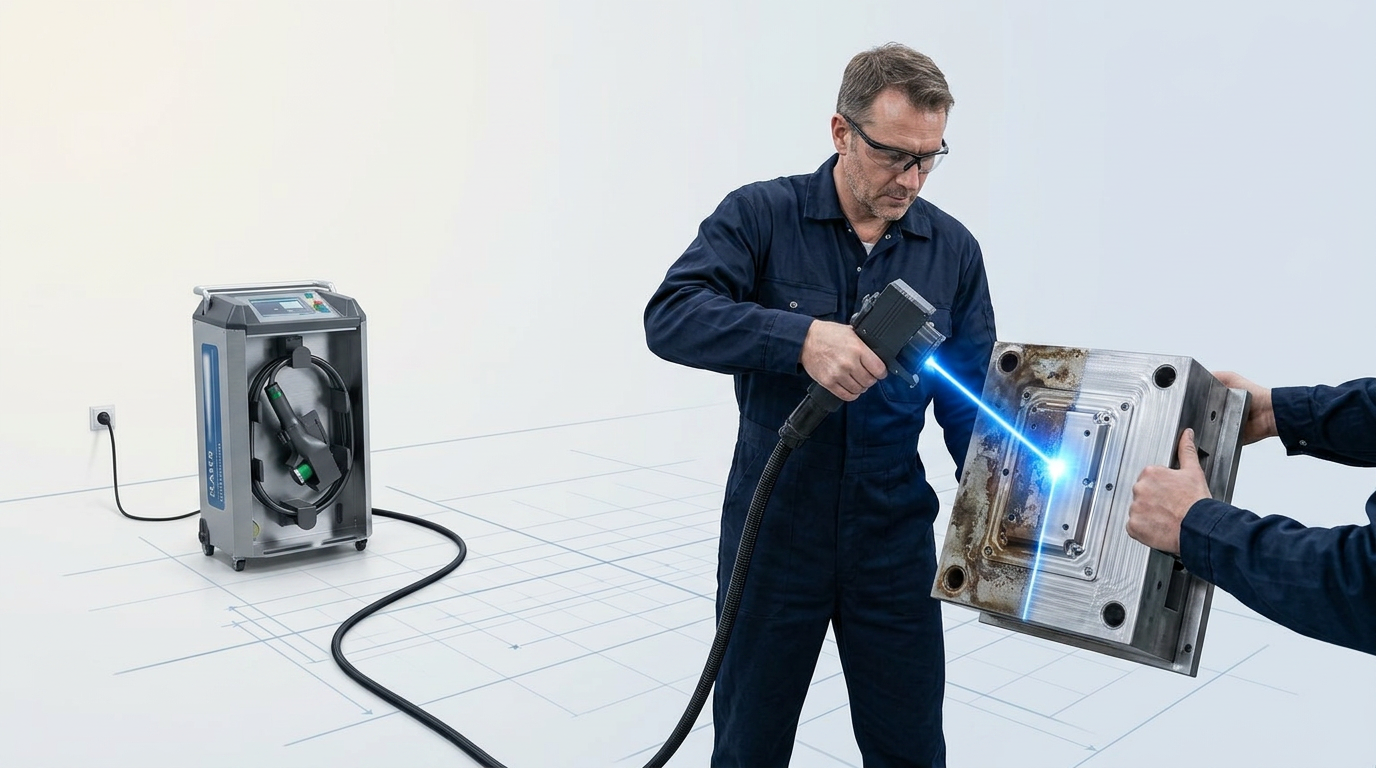 Operator in navy coveralls using ELASER wheeled laser cleaning system on industrial component, with fiber cable extended from machine, laser ablation point glowing blue at contamination removal site.