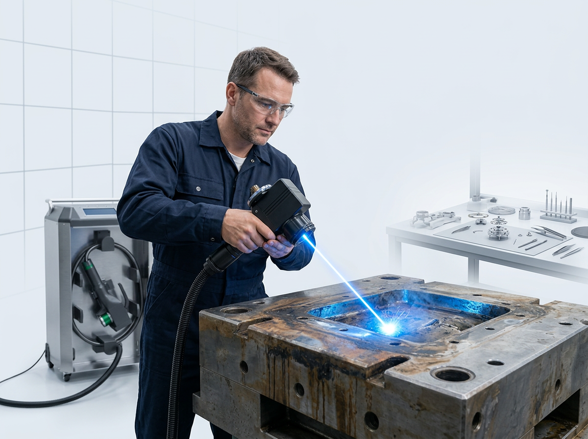 Engineer in navy coveralls operating ELASER handheld scanner on heavy steel workpiece with visible rust and oxidation, electric blue laser beam active at contact point, precision workbench with fine components visible in soft background.