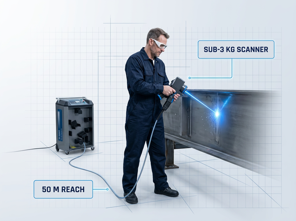 Industrial operator in dark coveralls holding a handheld laser scanner directed at a large metal component, with a wheeled ELASER system unit visible in the background connected by a long fiber cable across the factory floor.