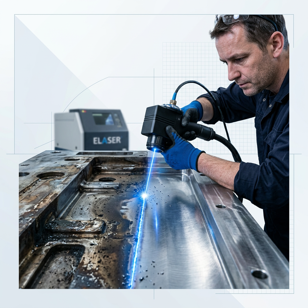 Technician in navy coveralls operating ELASER laser scanner on metal surface, showing stark contrast between oxidized left side and polished clean right side with electric blue laser contact point at the dividing line.