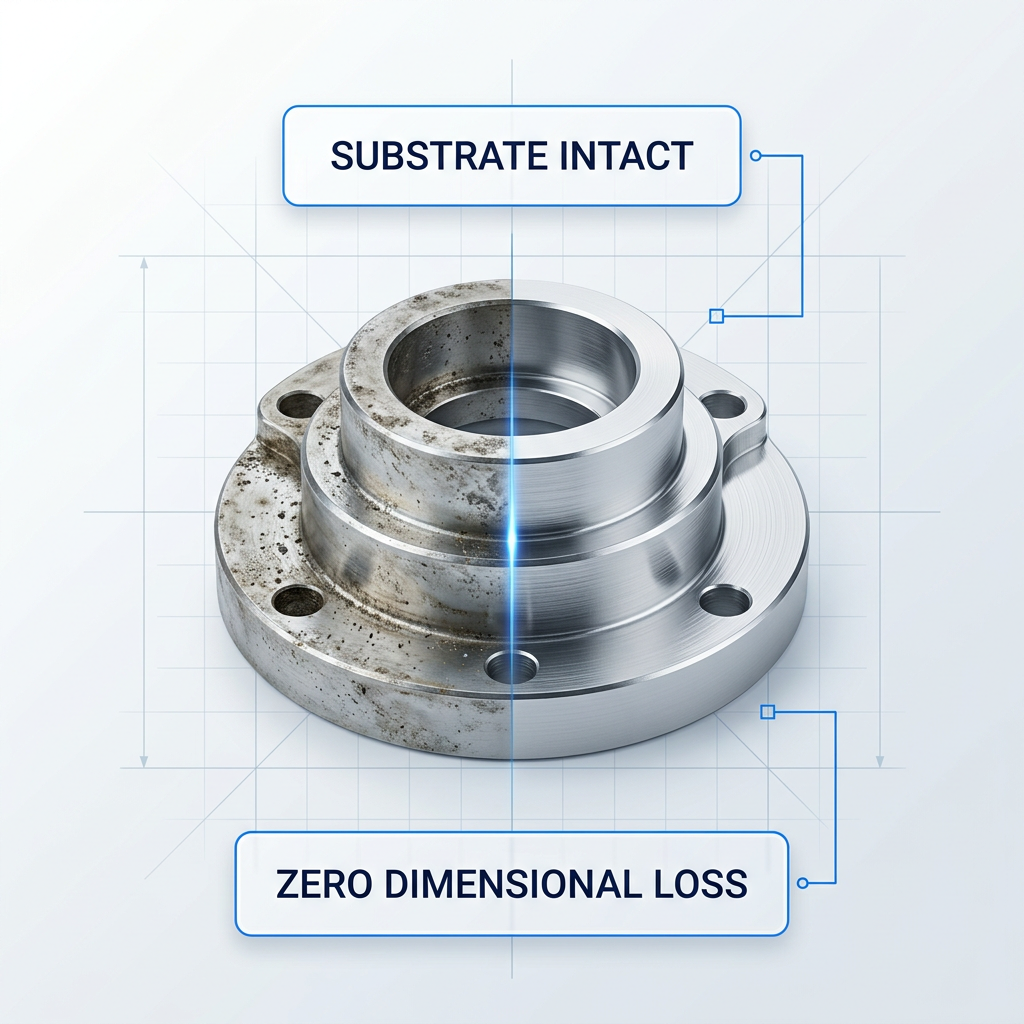 Precision machined metal component split vertically: left half shows oxidized, contaminated surface; right half displays clean, reflective bare metal with sharp machining marks. Electric blue laser line divides the halves. 'Substrate Intact' and 'Zero Dimensional Loss' badges with connector lines positioned above and below.
