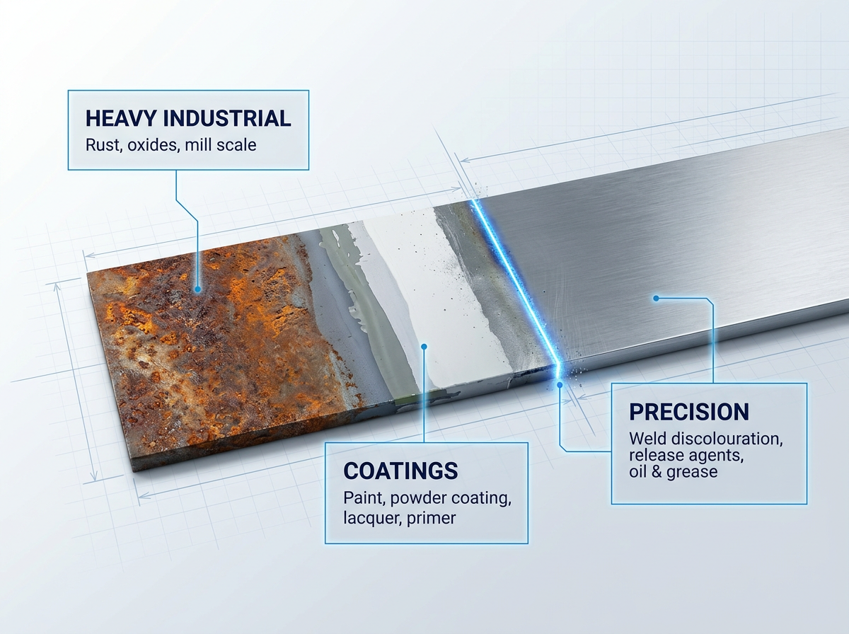 Metal surface divided into three contamination zones: rust and mill scale on left, paint and powder coating in center, and laser-cleaned bare steel on right, with labeled containers identifying contaminant types and electric blue connector lines routing to each zone.