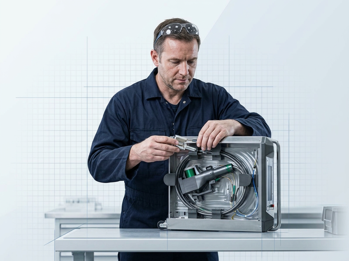 British engineer in navy coveralls carefully assembling a laser cleaning machine unit at a precision workbench in a bright, clean industrial workshop.
