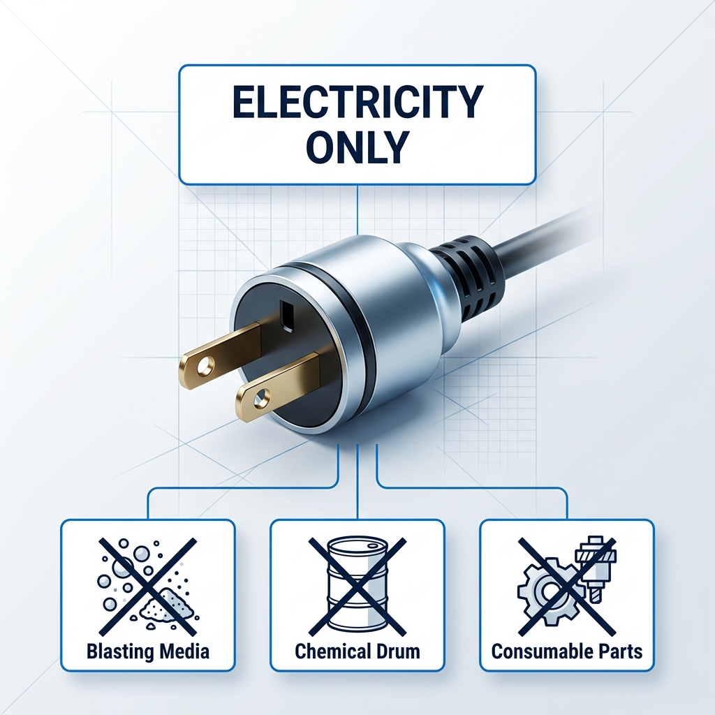 Power plug icon centered on light technical background with three crossed-out cost input icons above—blasting media, chemical drum, consumable parts—connected by blue lines converging toward the plug, labeled 'Electricity Only'.