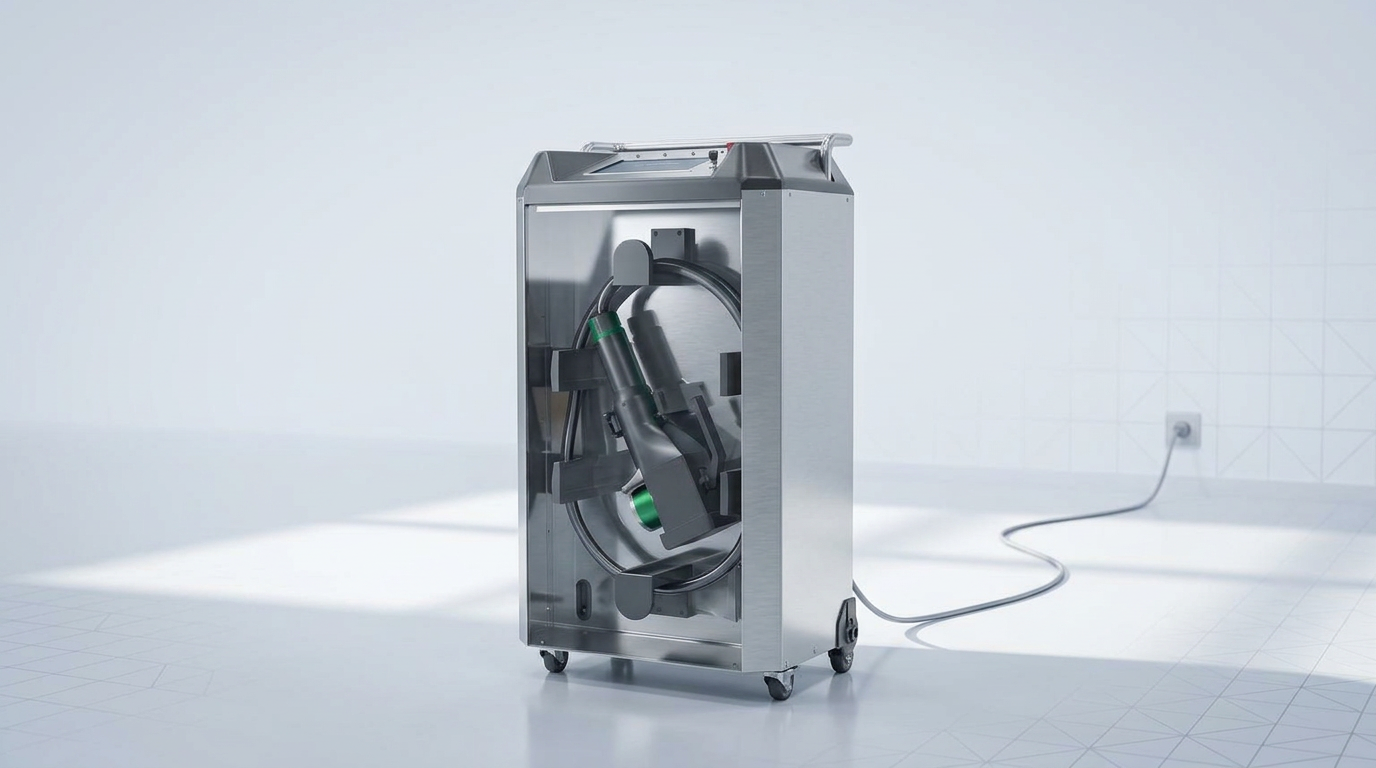 ELASER laser cleaning machine on factory floor, wheeled unit with single power cable connected to wall outlet, no external cooling infrastructure visible.