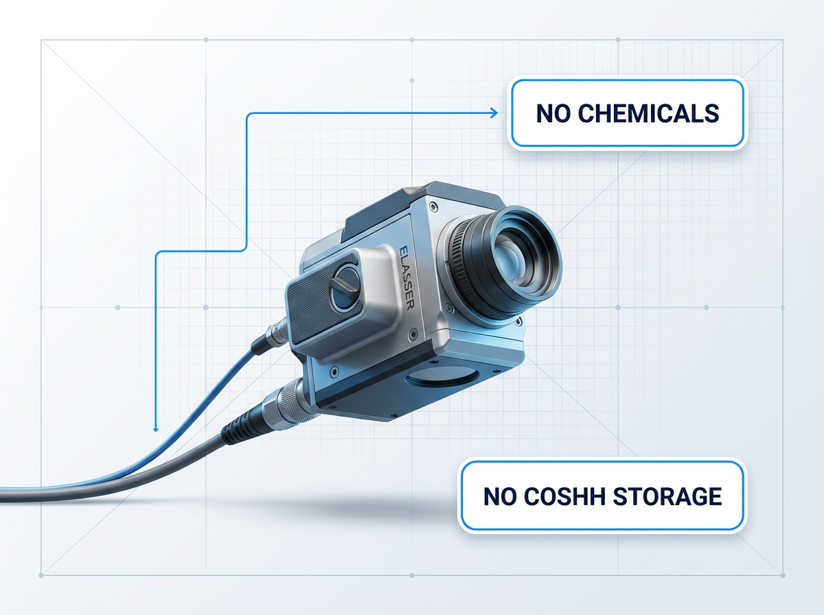 ELASER laser scanner head positioned left-center with two white-bordered badges on the right: 'NO CHEMICALS' and 'NO COSHH STORAGE' in dark navy text, connected by an electric blue line to the scanner cable.