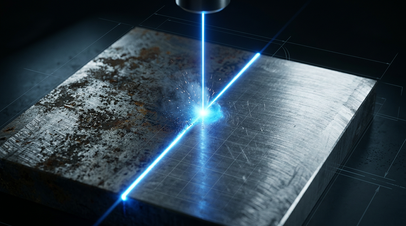 Close-up of a pulsed laser beam cleaning a metal surface, showing stark contrast between oxidized and bare material with electric blue laser line as the dividing point, in a dark industrial workspace.