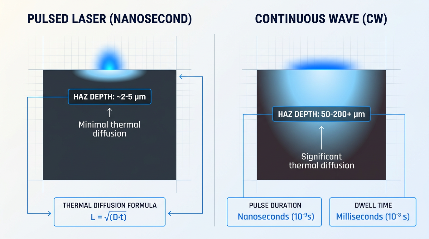 Side-by-side thermal diffusion comparison: pulsed laser showing shallow 2-5 µm heat-affected zone versus continuous wave laser showing deep 50-200+ µm penetration into substrate material.