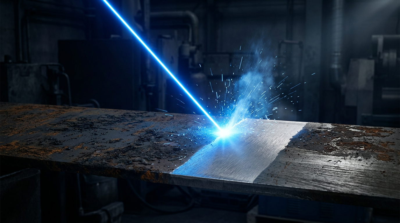 Close-up of electric blue laser beam striking metal surface, showing cleaned bright area contrasting with oxidized darker material, with glow at contact point.