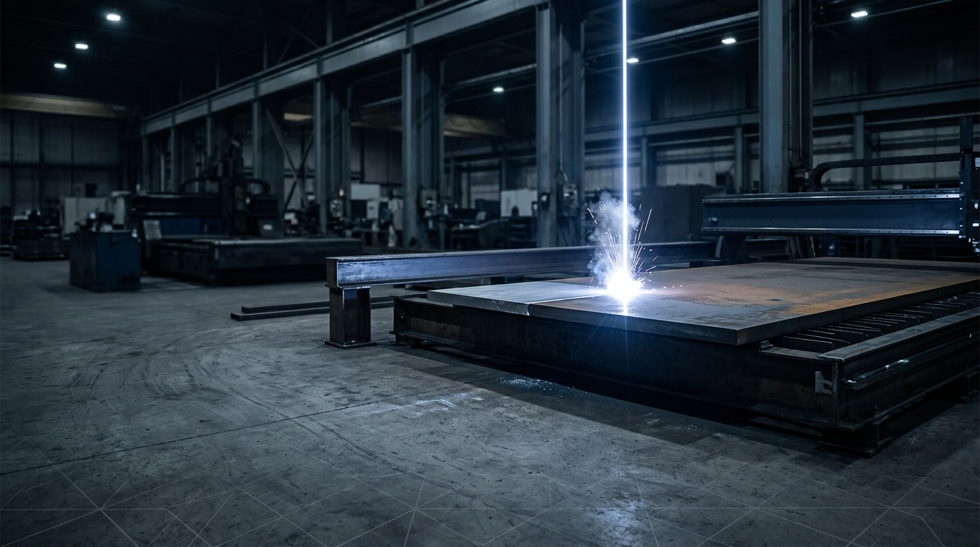 Industrial workshop with active continuous-wave laser beam striking a metal workpiece, bright white-blue laser light creating ablation and sparks at contact point, deep charcoal and steel grey environment with machinery silhouetted in background.