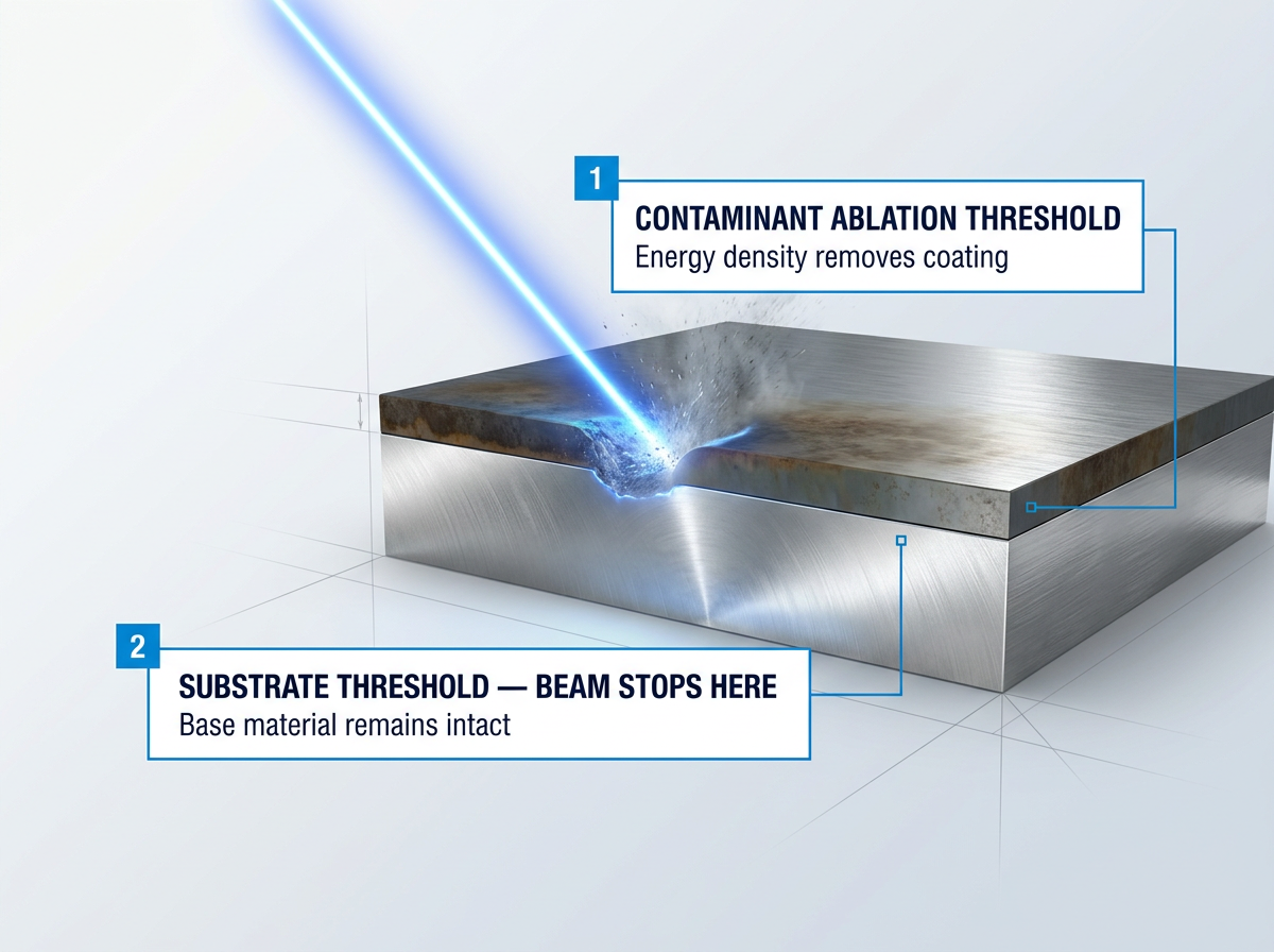 Cross-section technical diagram of laser beam striking contaminated metal surface, showing vaporizing contaminant layer above intact substrate with electric blue beam interaction point.