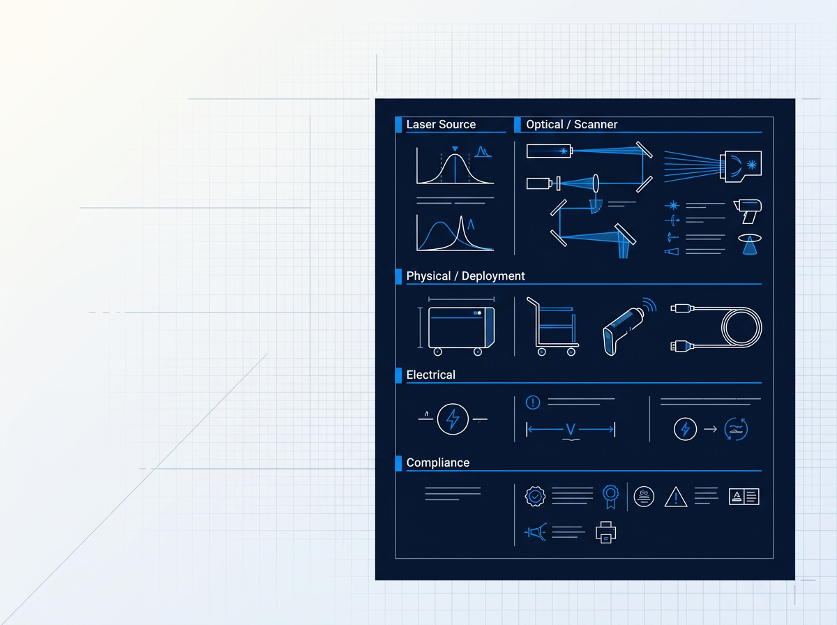 ELASER technical specifications table organized into five category sections—Laser Source, Optical/Scanner, Physical/Deployment, Electrical, and Compliance—with parameter names and values displayed in white text on dark navy background with electric blue dividers.