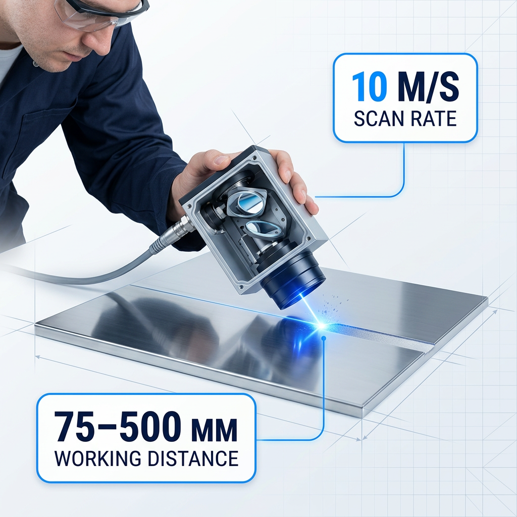 Engineer holding galvanometer scanner head positioned over polished metal surface with electric blue laser cleaning point visible, flanked by performance badges showing 10 m/s scan rate and 75–500 mm working distance.