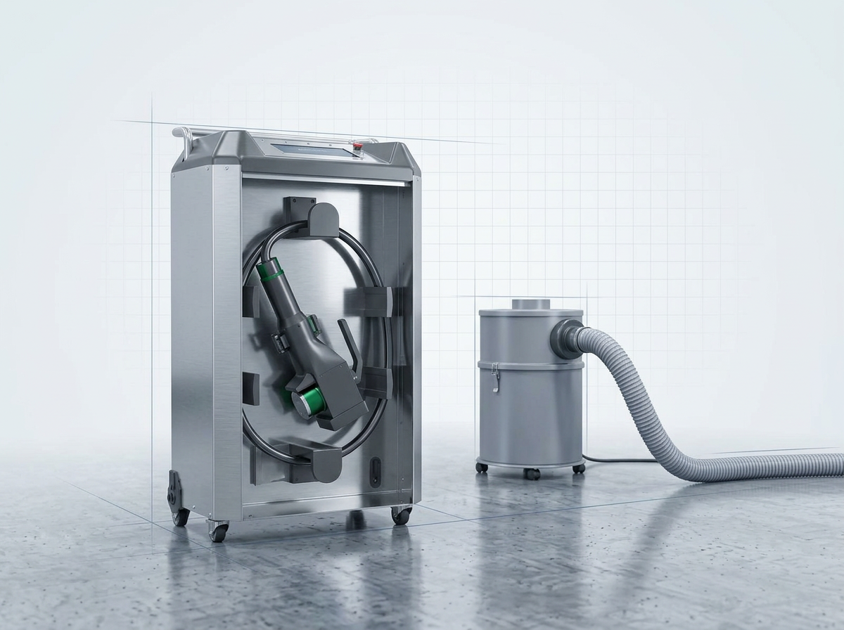 Industrial workshop with ELASER laser cleaning machine on left and compact fume extraction unit on right, connected by flexible hose, demonstrating proportionate operational setup.