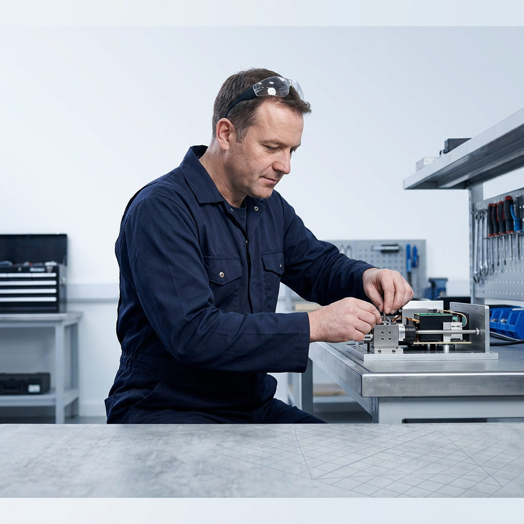 British technician in dark coveralls working at a stainless steel workbench, assembling a laser system component in a bright, clean engineering workshop with organized tool storage and precise lighting.