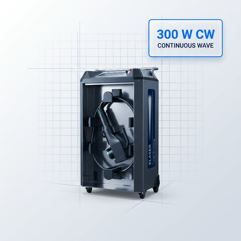 ELASER continuous wave fibre laser cleaning system unit standing upright with a white badge displaying 300 W CW power specification in the upper-right corner against a light grey technical background.