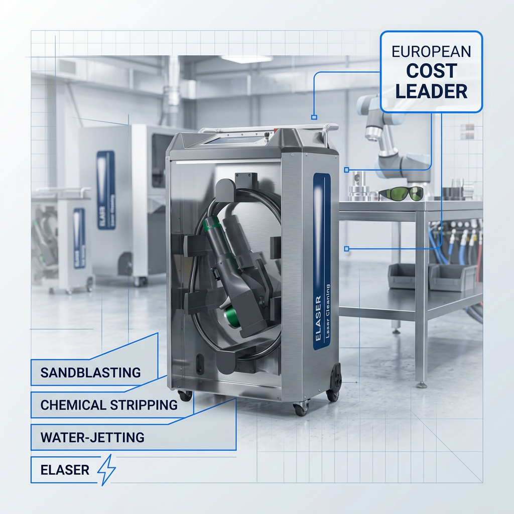 ELASER laser cleaning machine with European Cost Leader badge and TCO comparison showing flat electricity-only costs versus ascending bars for sandblasting, chemical stripping, and water-jetting methods.