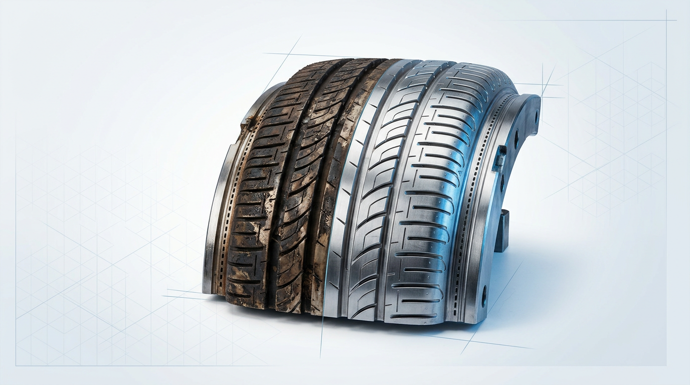 Industrial tyre mould segment split vertically: left side shows dark vulcanisation residue coating the tread pattern and vent channels; right side displays polished bare metal with crisp tread definition and clear vent detail, demonstrating laser cleaning restoration.