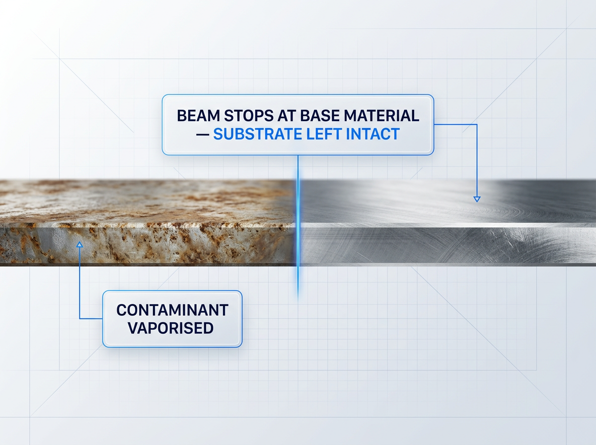 Metal surface cross-section showing contaminated rust-covered left half and cleaned bare material right half, divided by electric blue laser boundary line with informational badges.