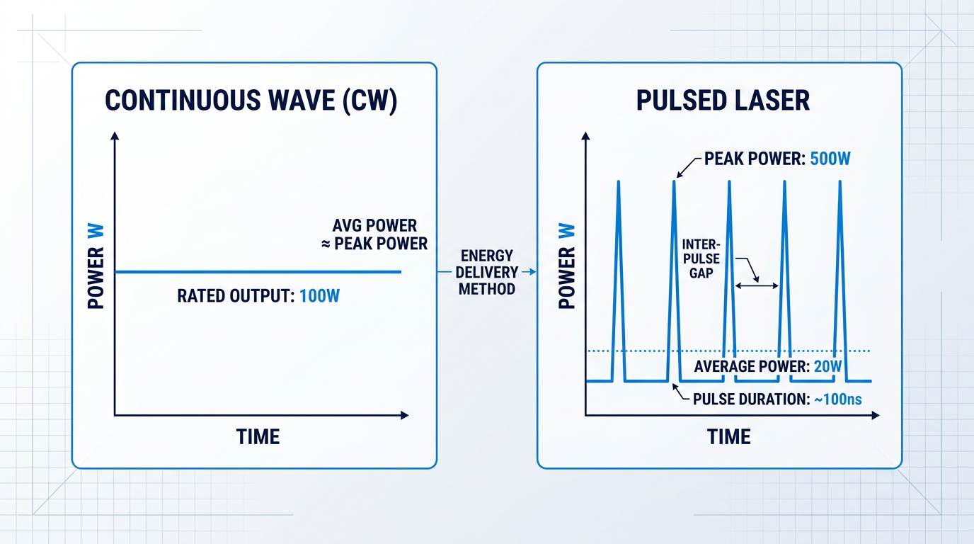 Side-by-side power-versus-time waveform comparison: continuous wave laser shows flat horizontal line at constant 100W, pulsed laser shows five sharp spikes reaching 500W peak power with 20W average baseline and nanosecond pulse duration.