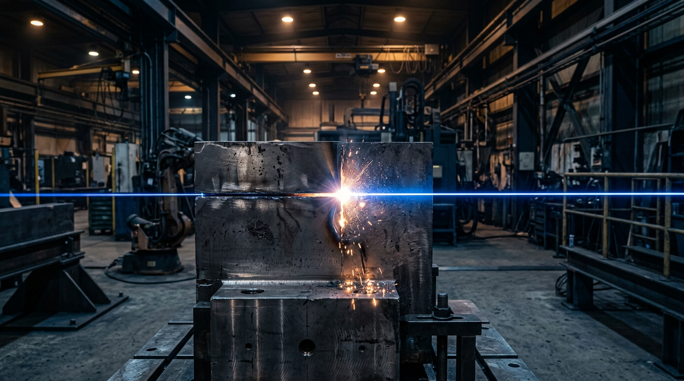 Industrial manufacturing facility with focused electric blue laser beam cutting across a metal workpiece, creating a bright contact point with particle ablation visible against warm workshop lighting.