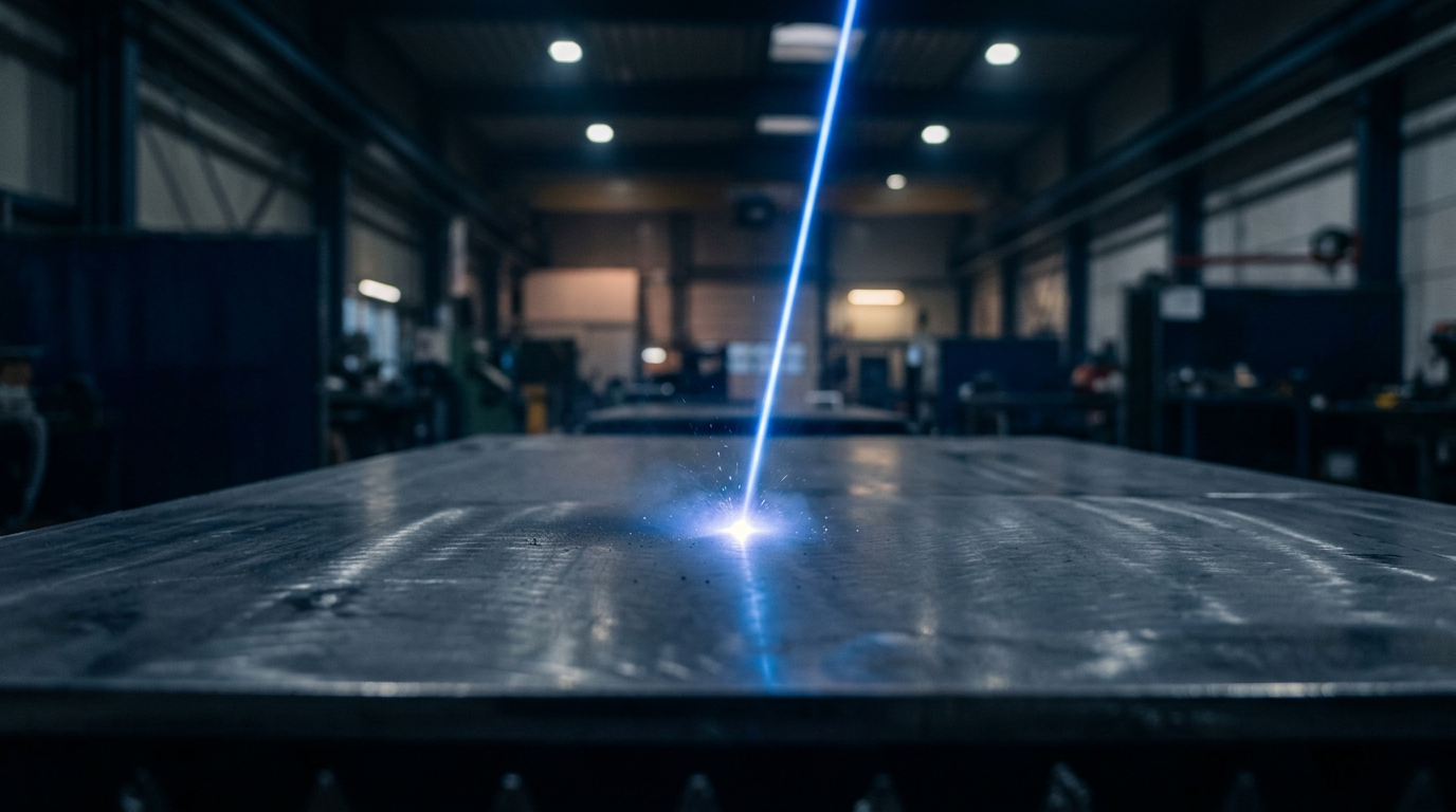 Dark industrial workshop with metal surface and electric blue laser beam creating a glowing contact point, suggesting active laser cleaning in an open, safely-lit environment.